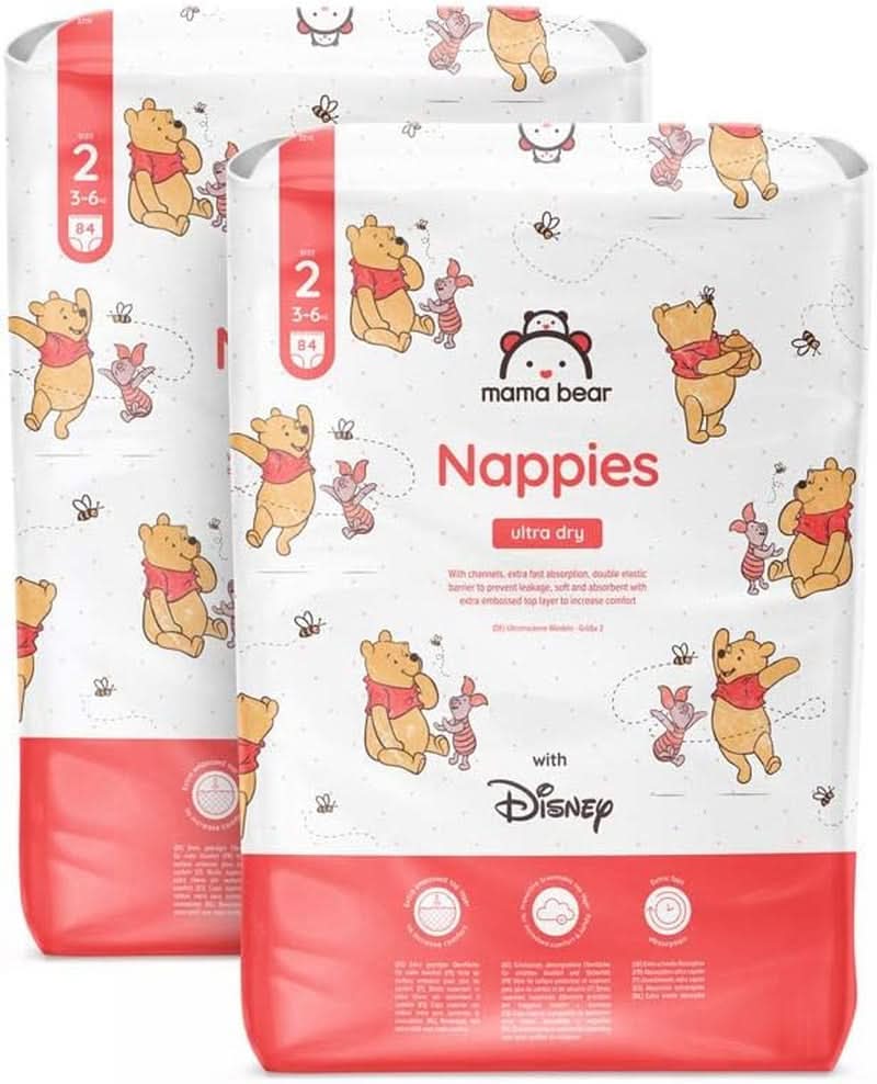 Mama Bear Disney Ultra Dry Pañales Talla 4 (8-14kg), Blanco, 84 Piezas (1 Paquete) Naty Shop Talla 2 (3-6kg) Paquete Mensual