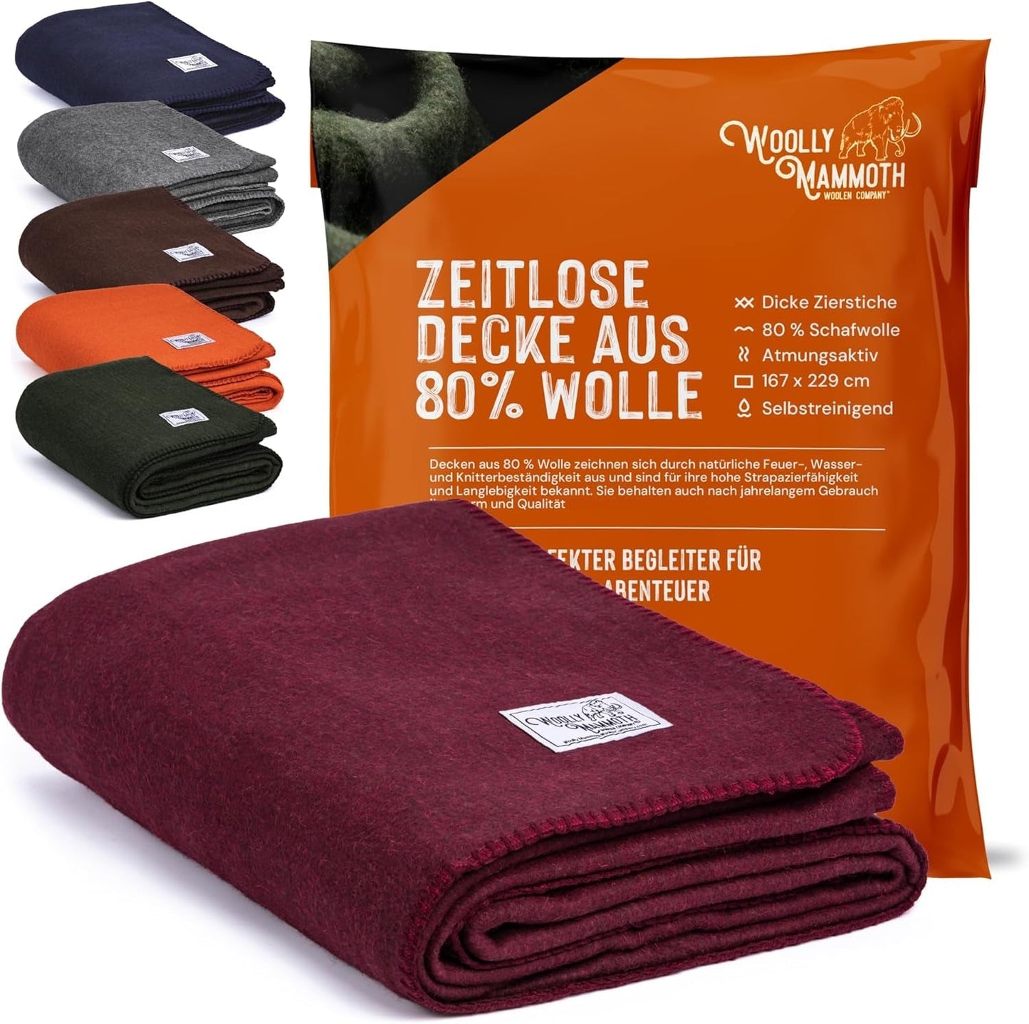 Manta de camping Woolly Mammoth Woolen Co., extra grande, lana merino. El equipo perfecto para exteriores para bushcraft, camping, trekking, senderismo, supervivencia o manta de cabina. Marrón, 168 X 228 Camas y mantas Woolly Mammoth Woolen Company Borgoña 66" X 90"