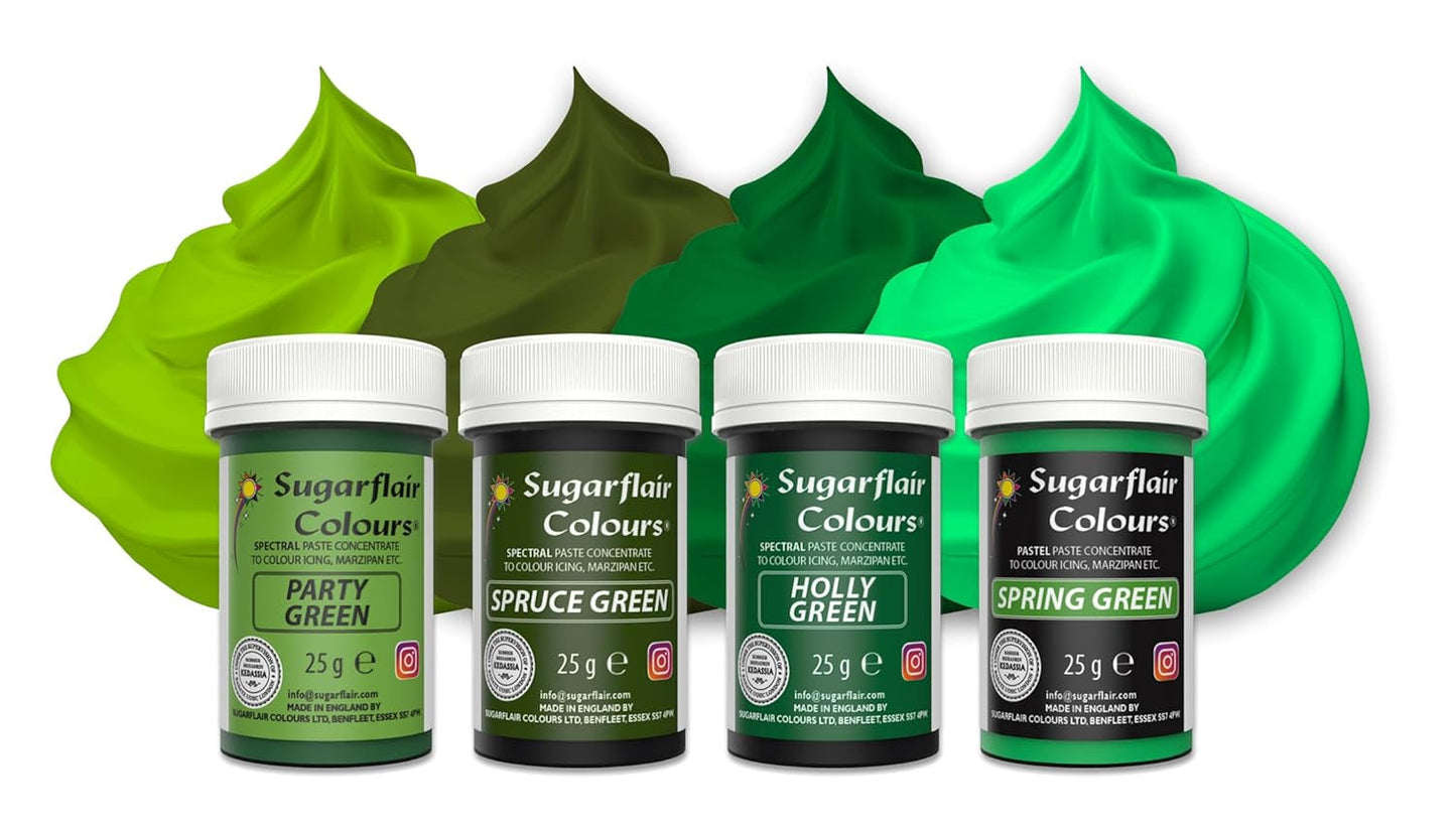 Colorante alimentario para pasta Sugarflair, verde, juego de 4, colorante alimentario para pasta, fondant, mazapán, pasta de azúcar, crema de mantequilla y más: verde Ilex, verde primavera, verde abeto, verde fiesta - Juego de 4