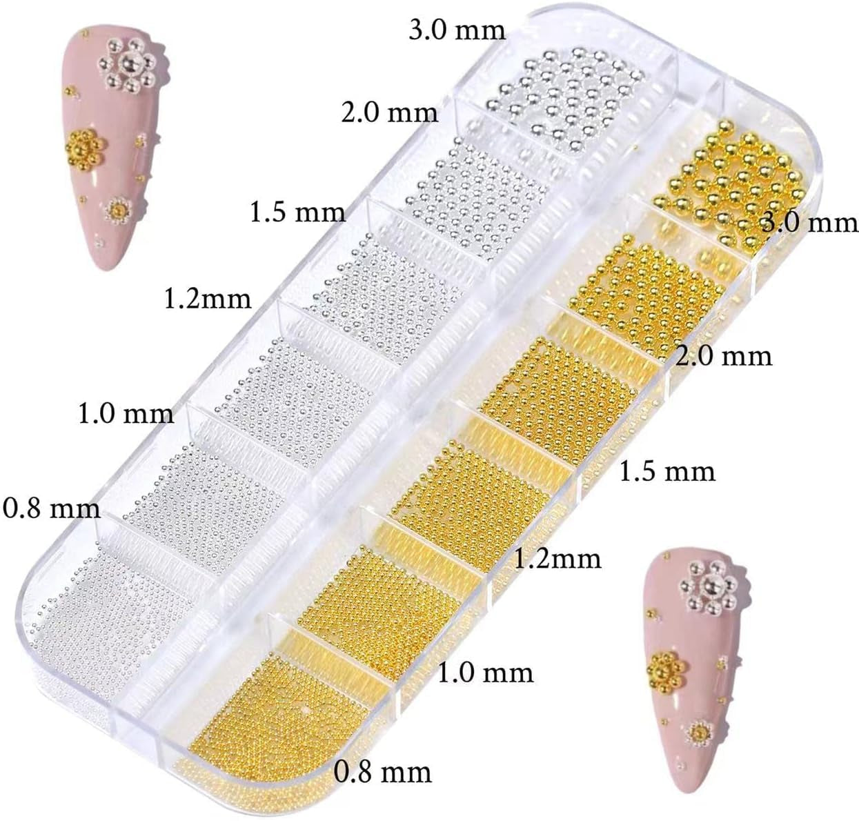 GZMAYUEN Nail Art Perlen Micro Caviar para uñas, 0,3-3 mm Goldene Silber Mini Caviar Strasssteine, Weiß Beige Mini Nägel Perlen Mikroperlen Dekor para uñas