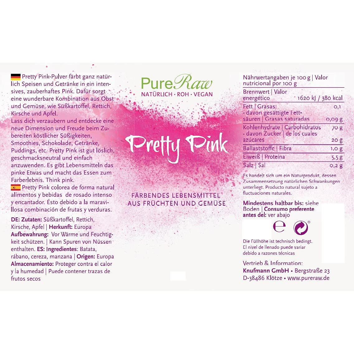 Pretty Pink Natürliche Lebensmittelfarbe Pulver Rosa (Roh Vegan) Pastel Rose Bis Intensiv Rosa-Rot - Essbare Farbe Für Lebensmittel Aus Früchten Und Gemüse - Colorante alimentario natural | Tienda Pureraw 5G Naty