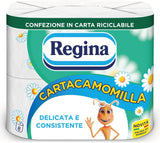 Regina Cartacamomilla - 8 Rollos de Papel Higiénico, 300 Hojas Esponjosas, 3 Capas, Suave y Firme, Envase de Papel Reciclable