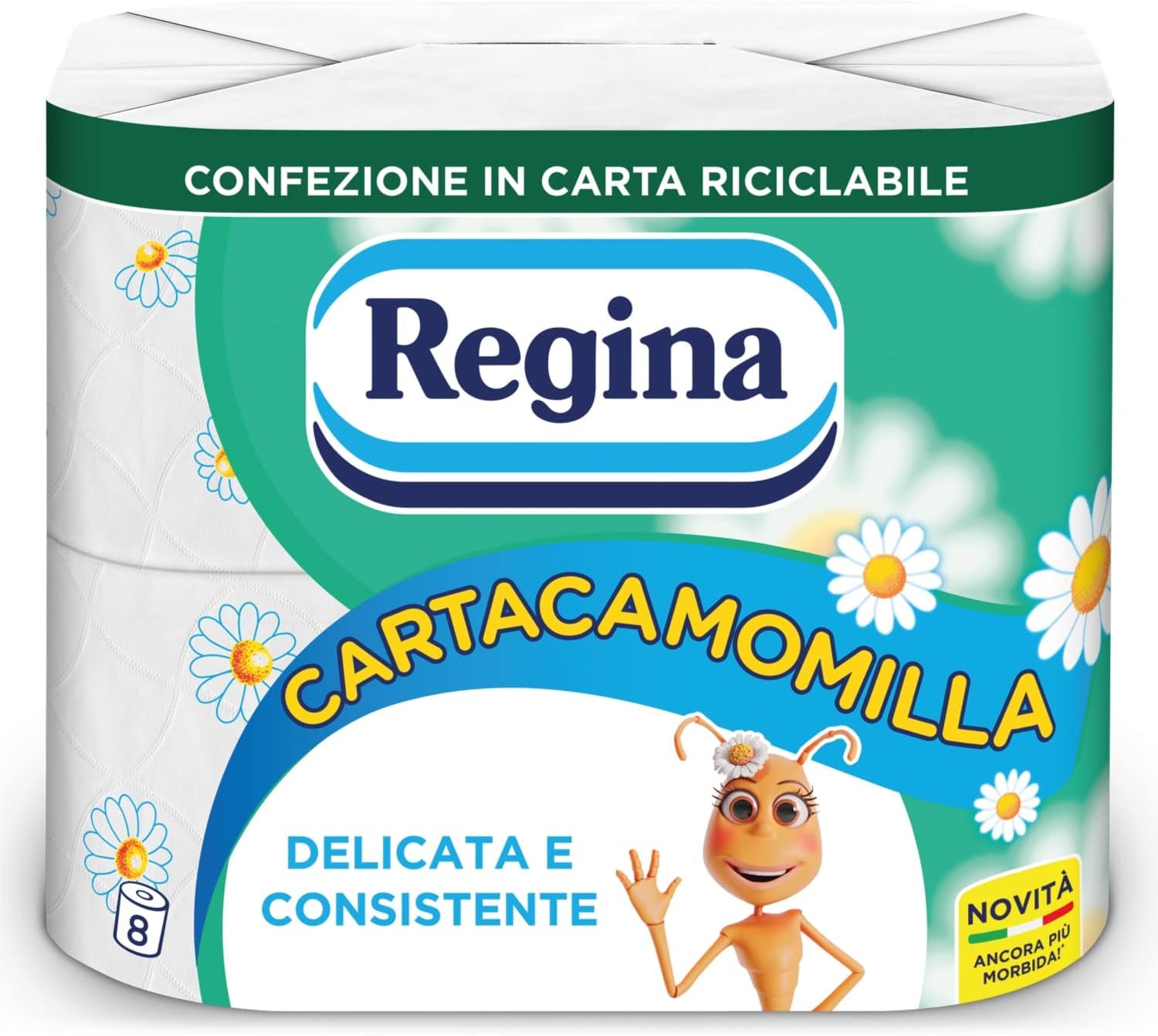 Regina Cartacamomilla - 8 Rollos de Papel Higiénico, 300 Hojas Esponjosas, 3 Capas, Suave y Firme, Envase de Papel Reciclable