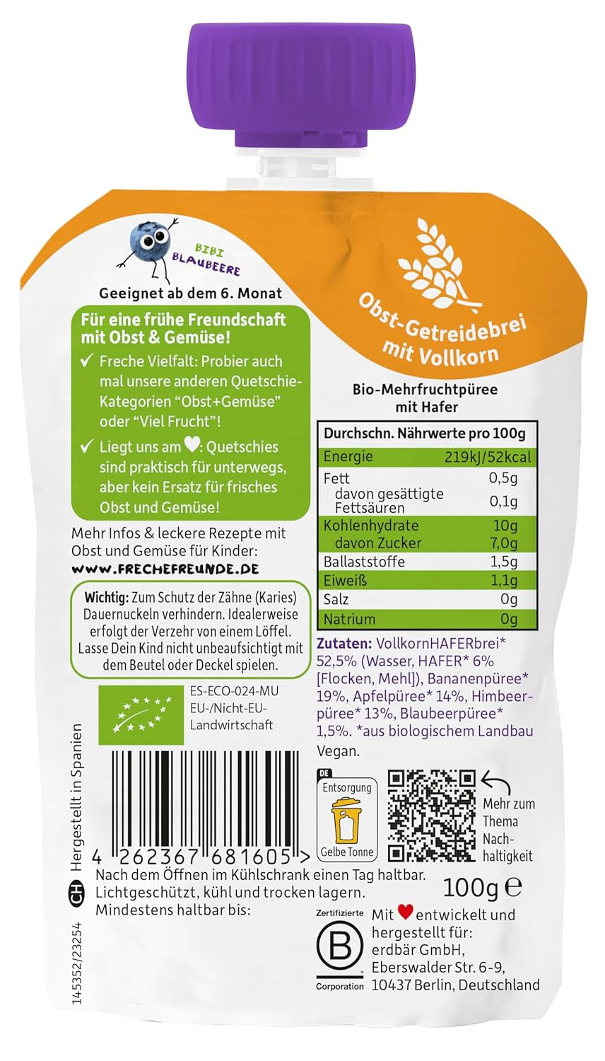 FRECHE FREUNDE Bolsita de frutas ecológicas Plátano, manzana, frambuesa, arándanos con avena, puré de frutas con cereales en bolsita comprimible para bebés a partir de 6 meses, vegano, paquete de 6 (6 x 100 g)