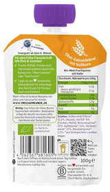FRECHE FREUNDE Bolsita de frutas ecológicas Plátano, manzana, frambuesa, arándanos con avena, puré de frutas con cereales en bolsita comprimible para bebés a partir de 6 meses, vegano, paquete de 6 (6 x 100 g)