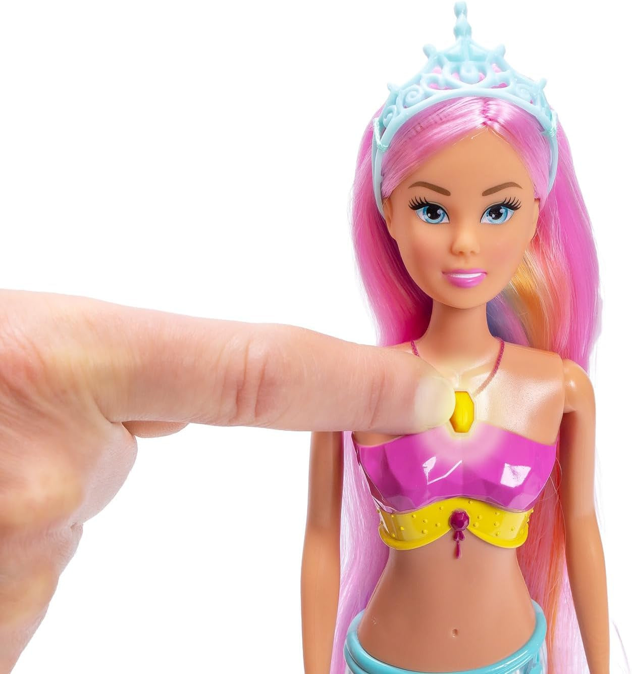 Simba Steffi Love Muñeca Sirena Mermaizing con función de luz arcoíris, pelo extralargo, figura de delfín y pinzas para el pelo, 39 cm de altura, función Try-Me, a partir de 3 años