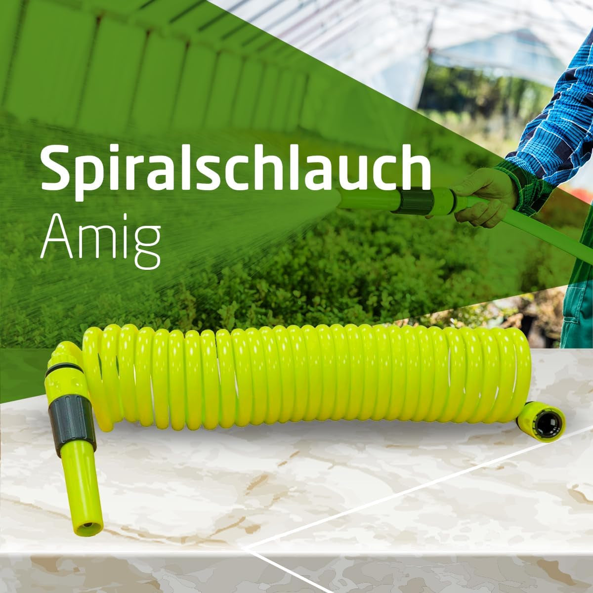 Amig - Manguera en espiral | Fabricado en polipropileno | Extensible hasta 7,5 m | Incluye lanza de riego, adaptador y 2 juntas | Verde pistacho
