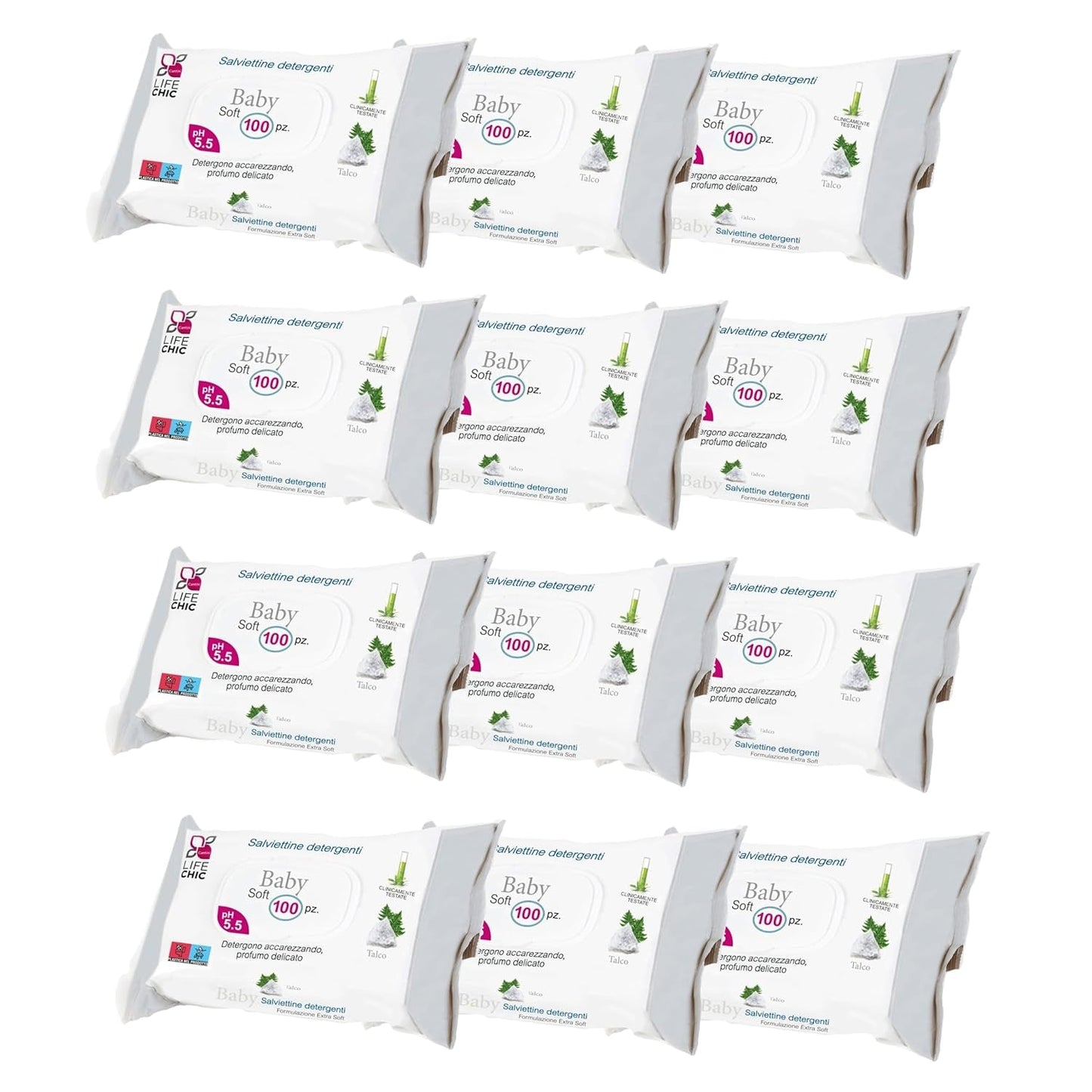 Toallitas para bebés con talco para pieles sensibles, sin alcohol, respetuosas con la piel, pH 5,5, ligeramente perfumadas, 1200 unidades (paquete de 12)