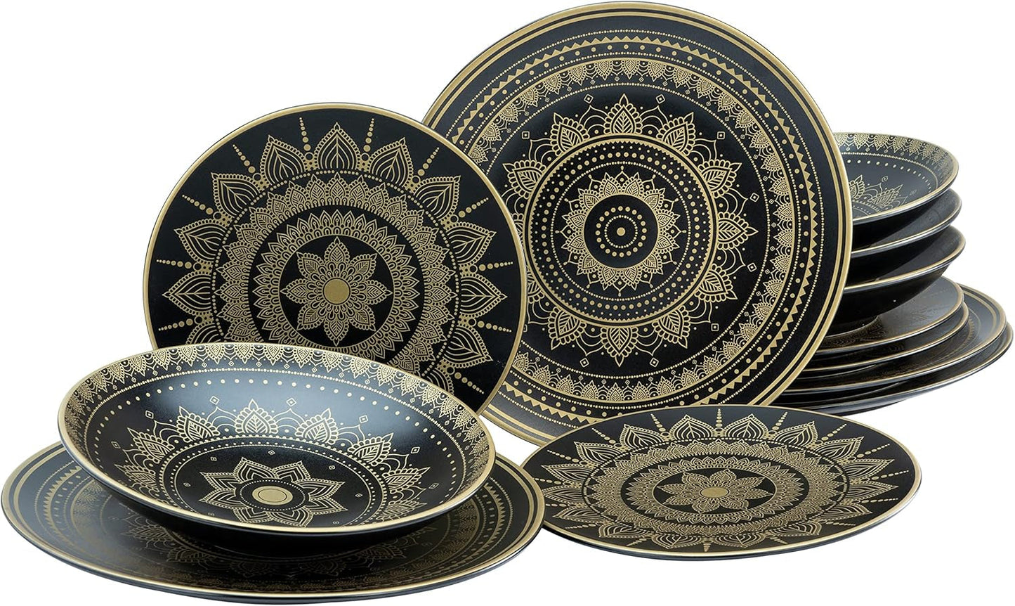 CreaTable, 23588, Serie MANDALA GOLD - Negro, Vajilla de 12 piezas, Juego de platos de porcelana, Apto para lavavajillas y microondas, Fabricación de calidad