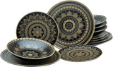 CreaTable, 23588, Serie MANDALA GOLD - Negro, Vajilla de 12 piezas, Juego de platos de porcelana, Apto para lavavajillas y microondas, Fabricación de calidad
