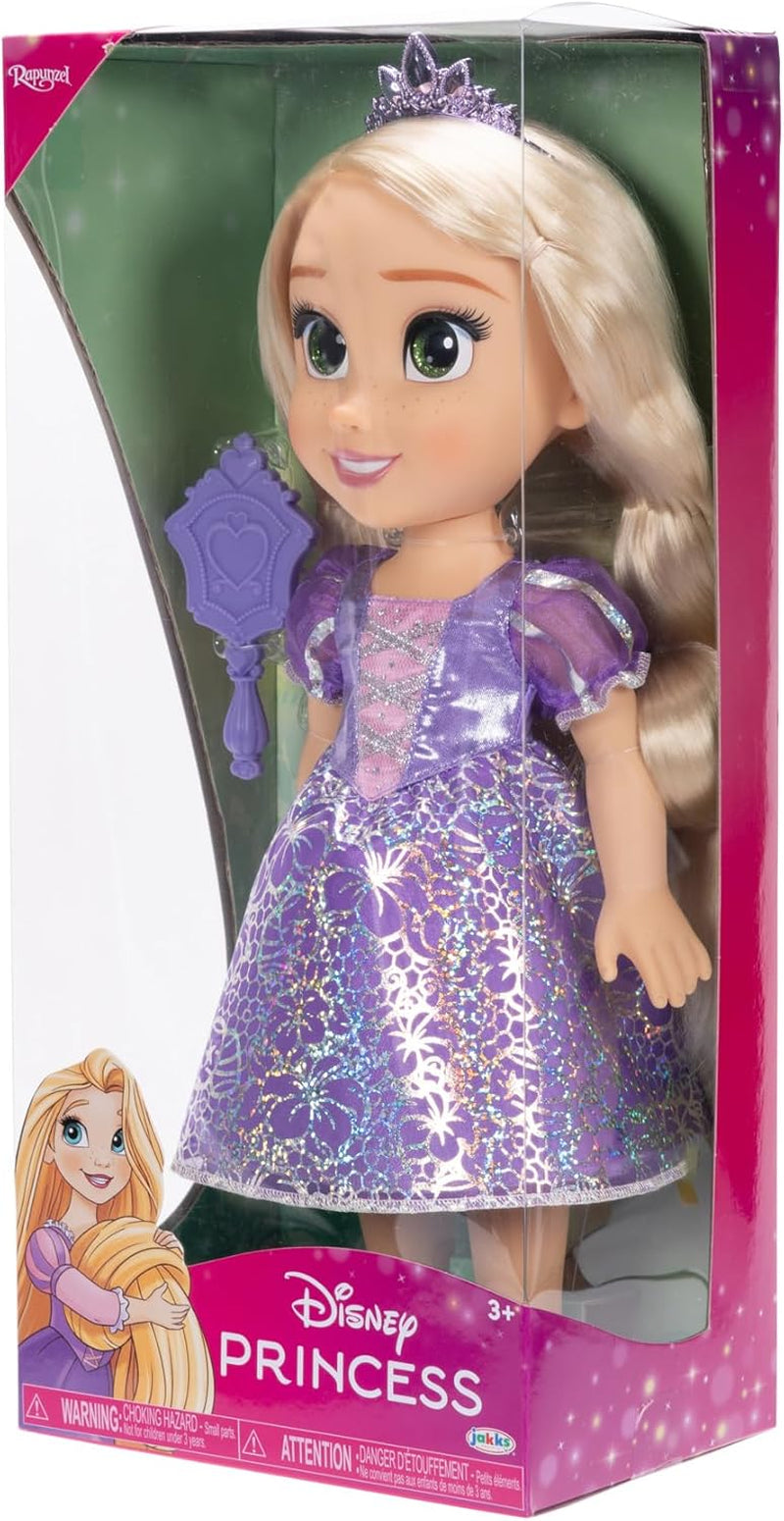 Disney Princess Rapunzel Muñeca de 35 cm, Ojos con Purpurina Reflectante, Articulaciones móviles, Vestido Desmontable, Zapatos, Corona, Pelo Largo y Rubio, para niñas a Partir de 3 años