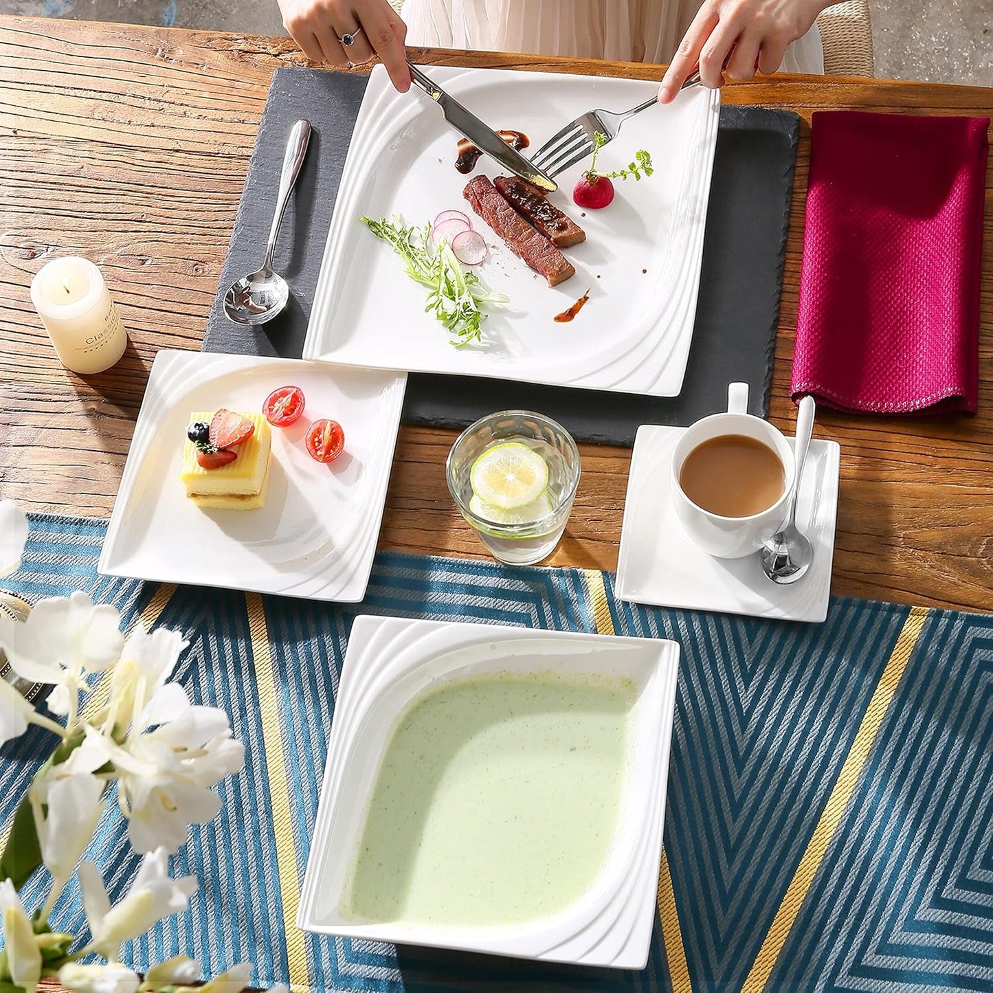 MALACASA, Serie Monica, Vajilla para 12 personas, Porcelana blanco-crema, Servicio combinado con 12 tazas de café, 12 platillos, 12 platos de postre, 12 platos llanos y 12 platos llanos