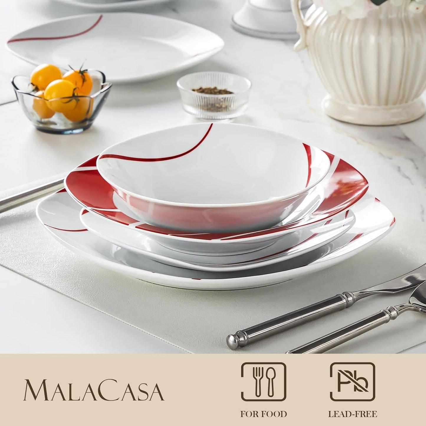 MALACASA Vajilla para 6, Vajilla de Porcelana Felisa 24 Piezas, Vajilla Moderna con 6 Platos Llanos, Platos de Postre, Platos Suma y Cuencos, Perfecto para Navidad y Uso Diario