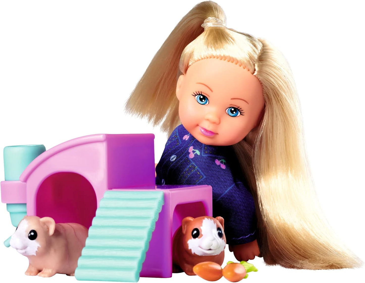 Muñeco Simba Evi Love Guinea Pigs con dos cobayas y casa, botella de agua y zanahorias, 12 cm, a partir de 3 años