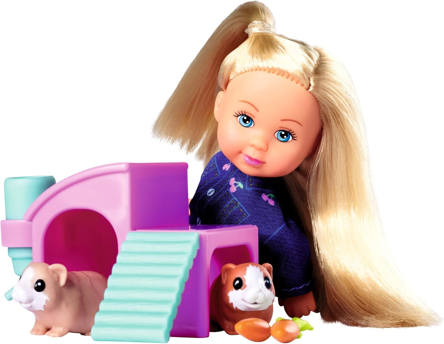 Muñeco Simba Evi Love Guinea Pigs con dos cobayas y casa, botella de agua y zanahorias, 12 cm, a partir de 3 años