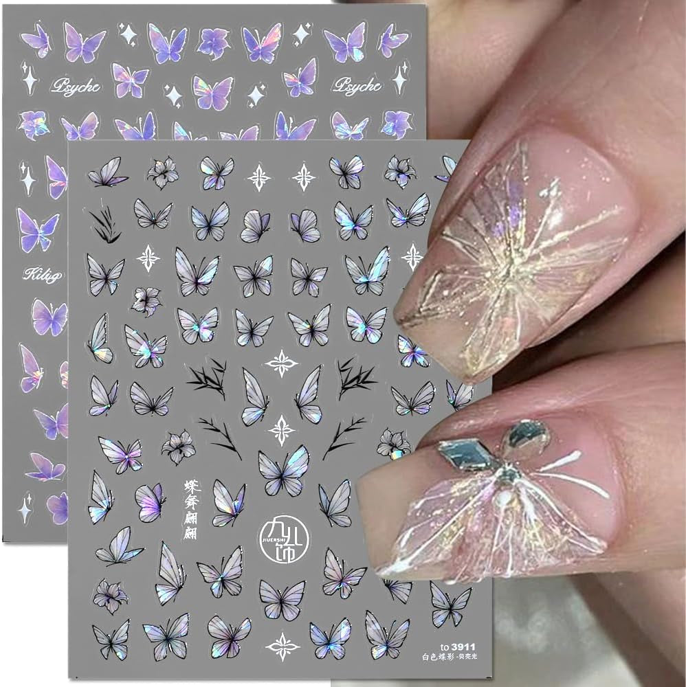 2 Blätter Schmetterling Nagelsticker Selbstklebend,Muschel Glitzer Nail Art Mariposas Adhesivos para uñas Lila Grau Schmetterlinge Nagelaufkleber Relieve Láser Mariposas Nagel Adhesivo Nageldesign Zubehör