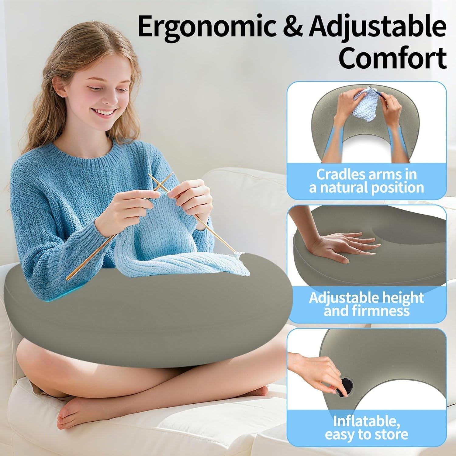 Almohada de lectura y almohada para juegos, almohada de lectura inflable portátil con bolsa de almacenamiento, almohada ergonómica de ganchillo para leer, jugar, hacer crochet y trabajar
