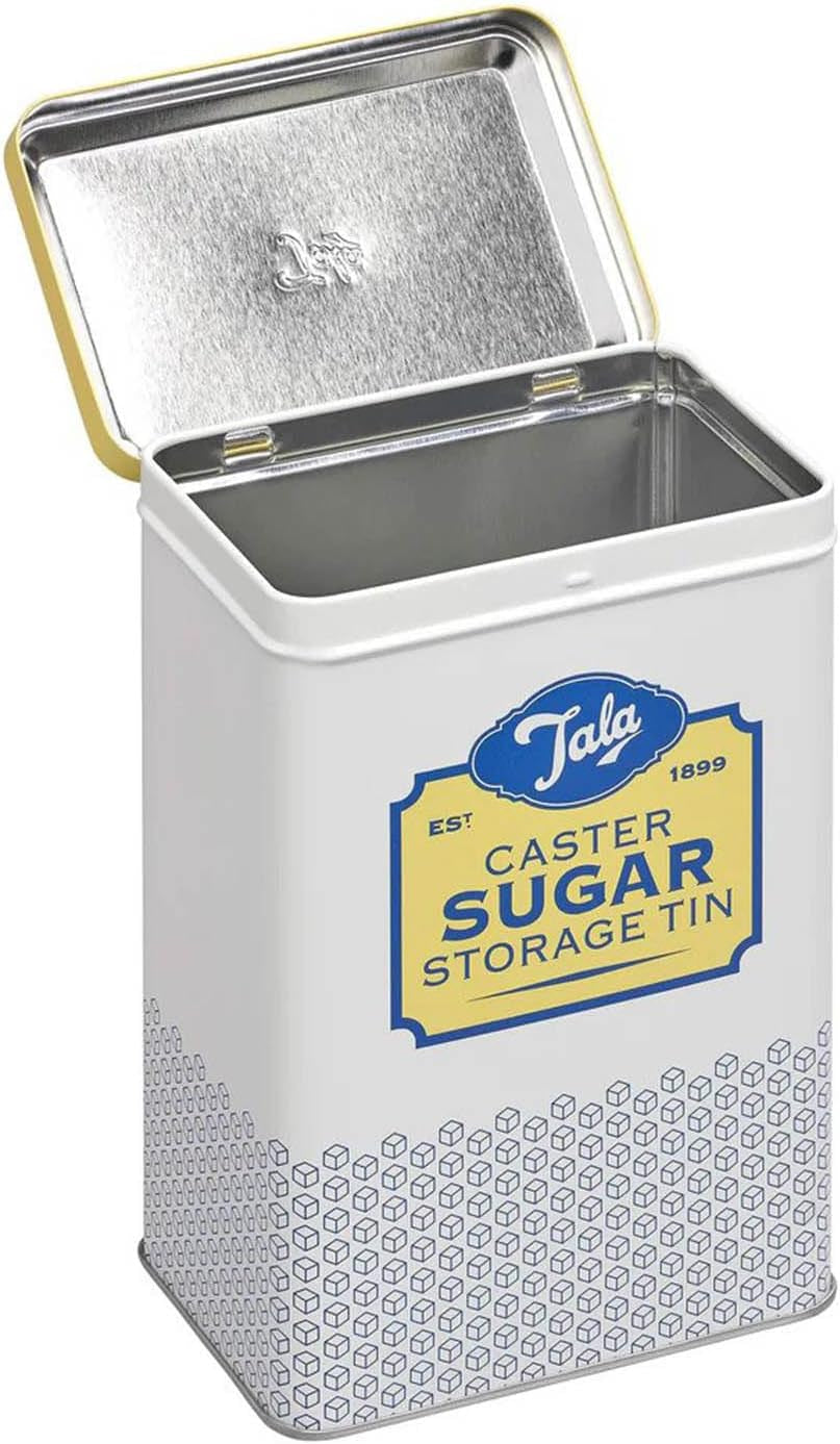 Caja de almacenamiento de metal con diseño retro de Tala Originals en amarillo y crema, puede contener una bolsa entera de azúcar en polvo