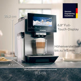 Cafetera espresso automática Siemens EQ900, pantalla grande TFT a color, 2 recipientes de granos, 36 bebidas frías y calientes, café frío, súper silenciosa, función dos tazas, control mediante aplicación, acero inoxidable, TQ907D03