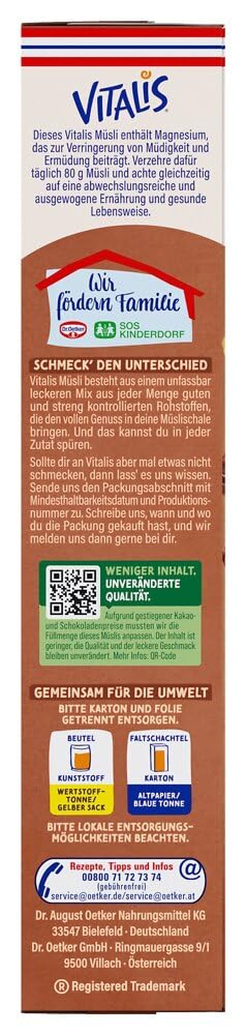 Dr. Oetker Vitalis Chocolate Muesli Classic: Muesli de desayuno con leche y chocolate negro, paquete de 7 (7 x 600 g)