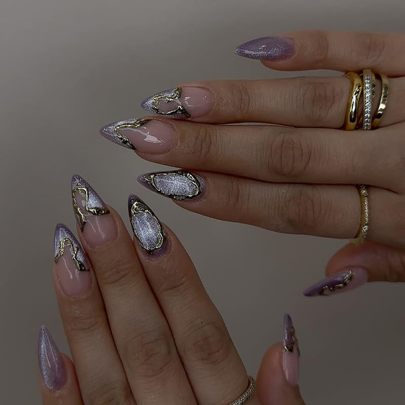 Moonglow Uñas Postizas Magnéticas Cortas, Rosa Almendra Rojo Degradado Brillo Ojo de Gato con Pegamento, Rosa Rojo Ombre Brillo Fototerapia Uñas Artificiales para Mujeres y Niñas