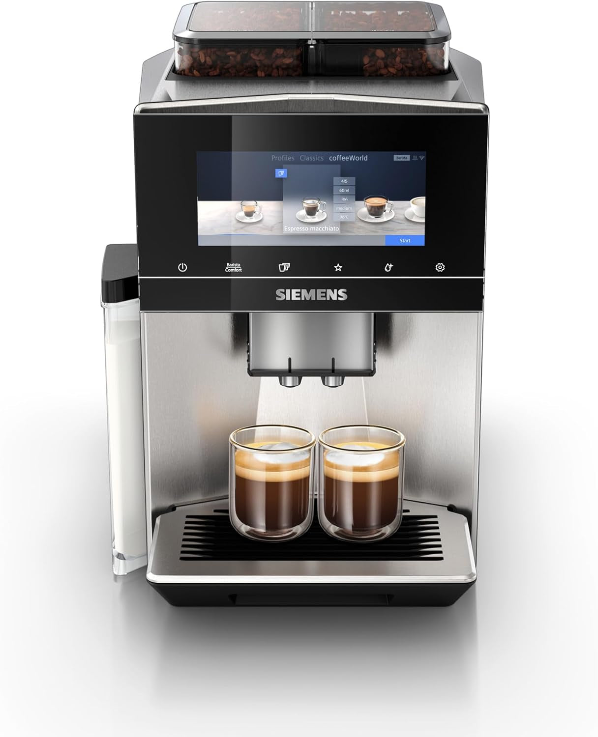 Cafetera espresso automática Siemens EQ900, pantalla grande TFT a color, 2 recipientes de granos, 36 bebidas frías y calientes, café frío, súper silenciosa, función dos tazas, control mediante aplicación, acero inoxidable, TQ907D03