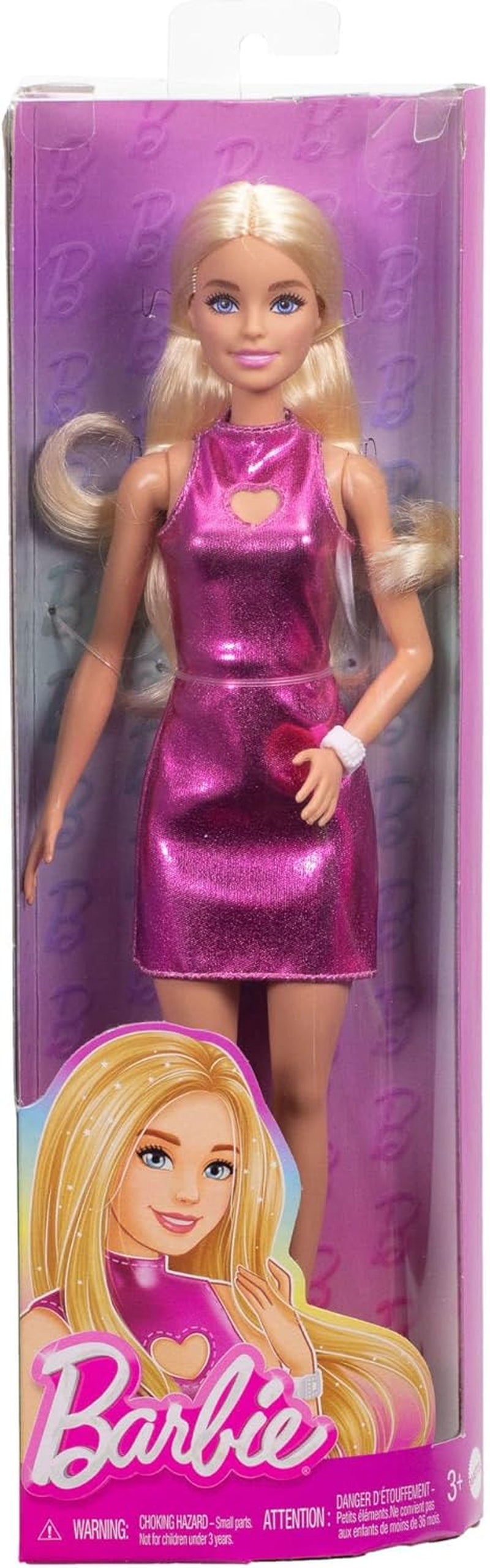 Muñeca Barbie Fashionistas núm. 230 con cabello rubio, minivestido rosa metálico con corte de corazón, pulsera blanca y tacones altos, HYT88