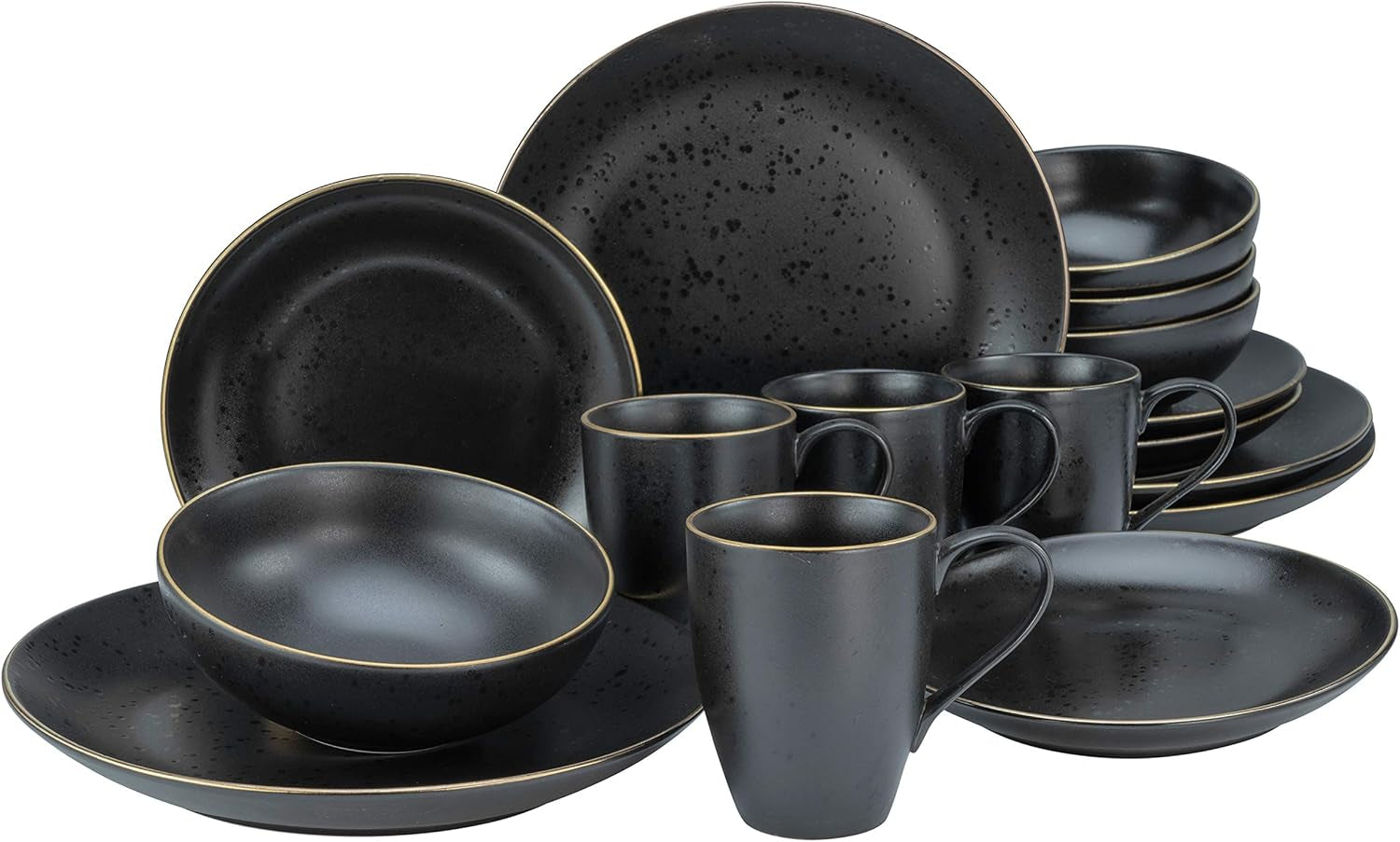 CreaTable, 22699, serie Industrial Gold BLACK, juego de vajilla de 16 piezas para 4, servicio combinado de porcelana, apto para lavavajillas y microondas, fabricación de calidad