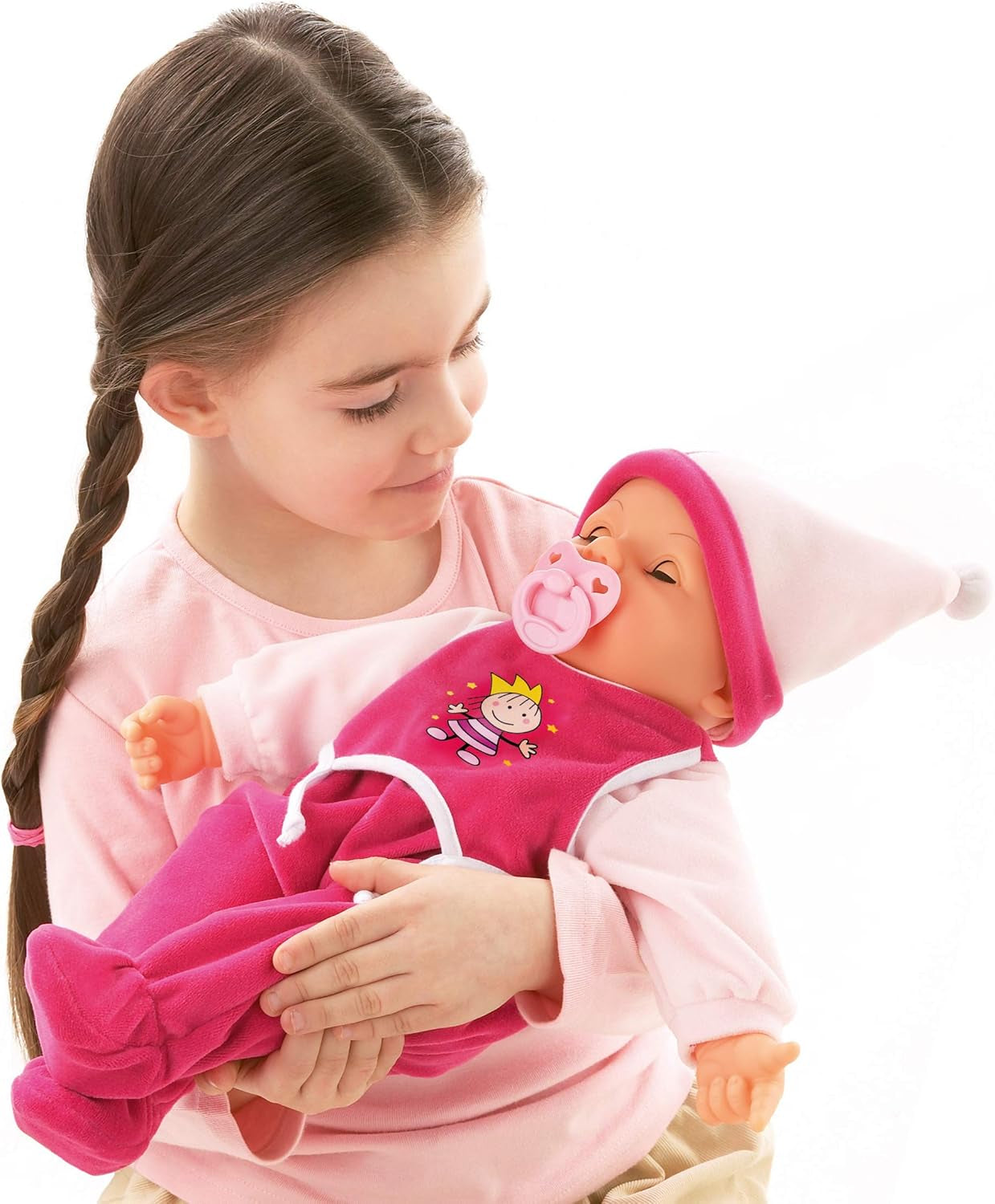 Funktionspuppe Hello Baby mit Geräuschen, bewegt den Mund, interactivo Puppe, Babypuppe, mit Zubehör, 46cm, rosa