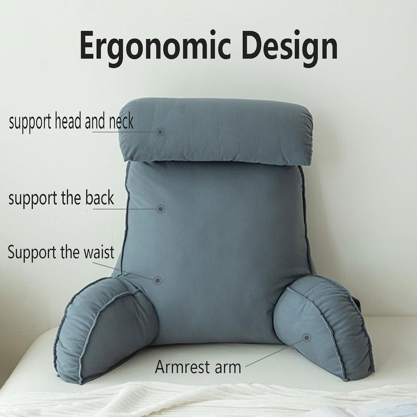 Almohada de lectura con reposabrazos, cojín para respaldo de sofá, cojín para libros para cama, con rollo para el cuello desmontable, cojín de apoyo para silla para relajarse, jugar, leer, mirar televisión, color champán