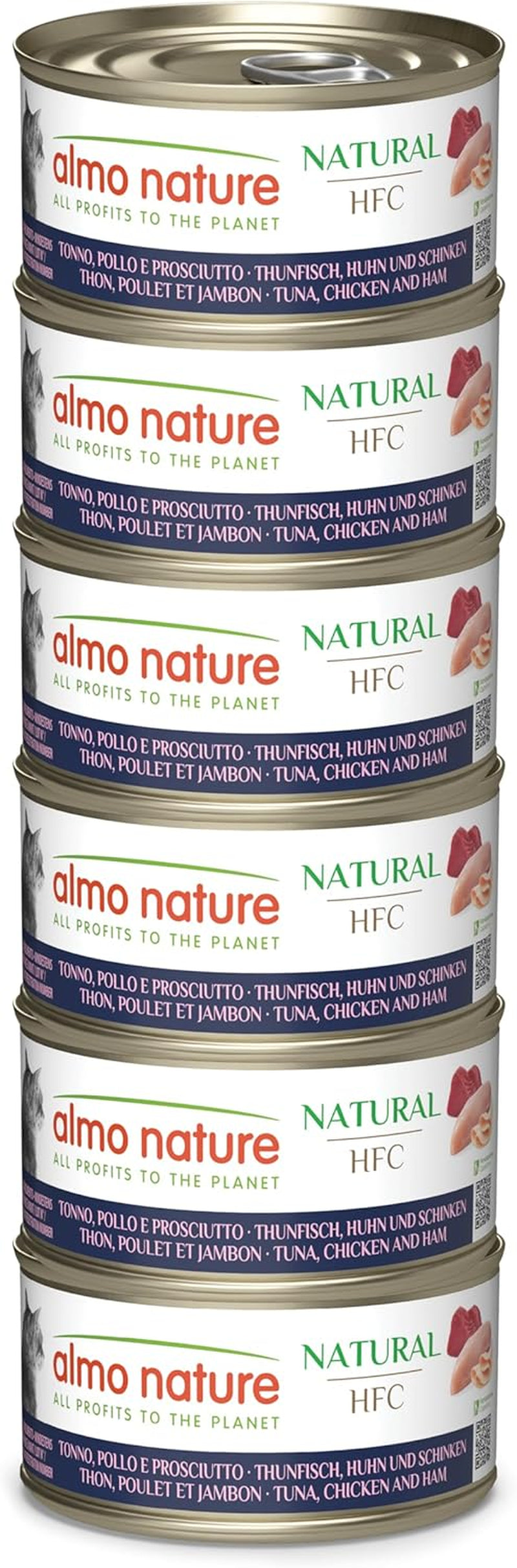 Almo Nature HFC Natural - Comida húmeda para gatos adultos - Atún, Pollo y Jamón - Calidad humana, Sin gluten - 6 x 70g