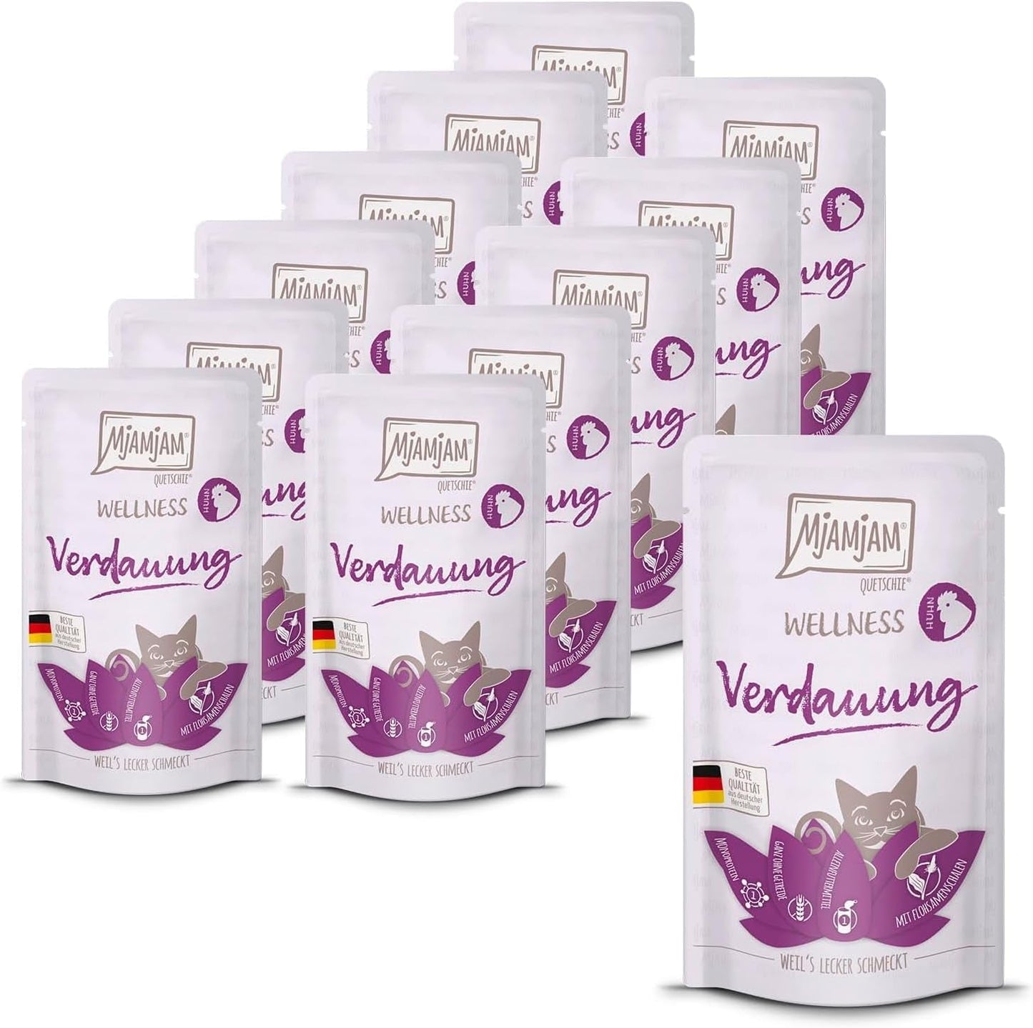 MjAMjAM - Comida húmeda premium para gatos - Bienestar - Digestivo - Pollo, paquete de 12 (12 x 125 g), sin cereales