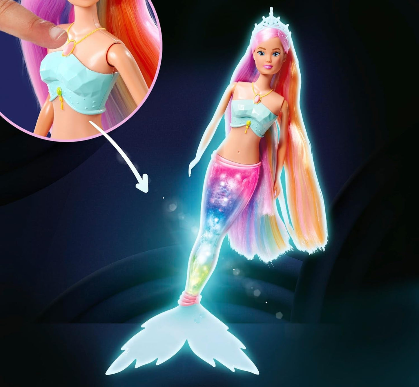 Steffi Love Magic Rainbow Mermaid, Muñeca Sirena con Función de Luz Mágica Arco Iris y Pelo Extra Largo, 39 cm, Edad 3+