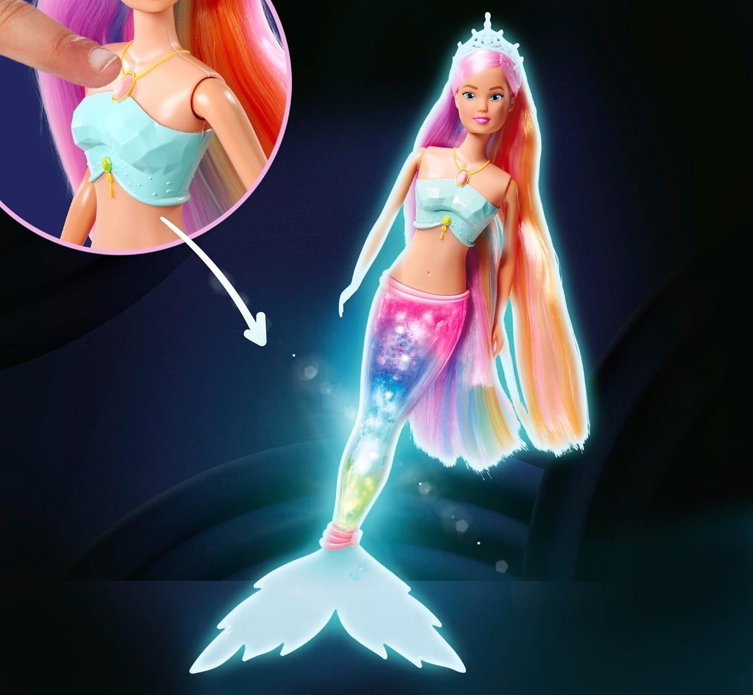 Steffi Love Magic Rainbow Mermaid, Muñeca Sirena con Función de Luz Mágica Arco Iris y Pelo Extra Largo, 39 cm, Edad 3+