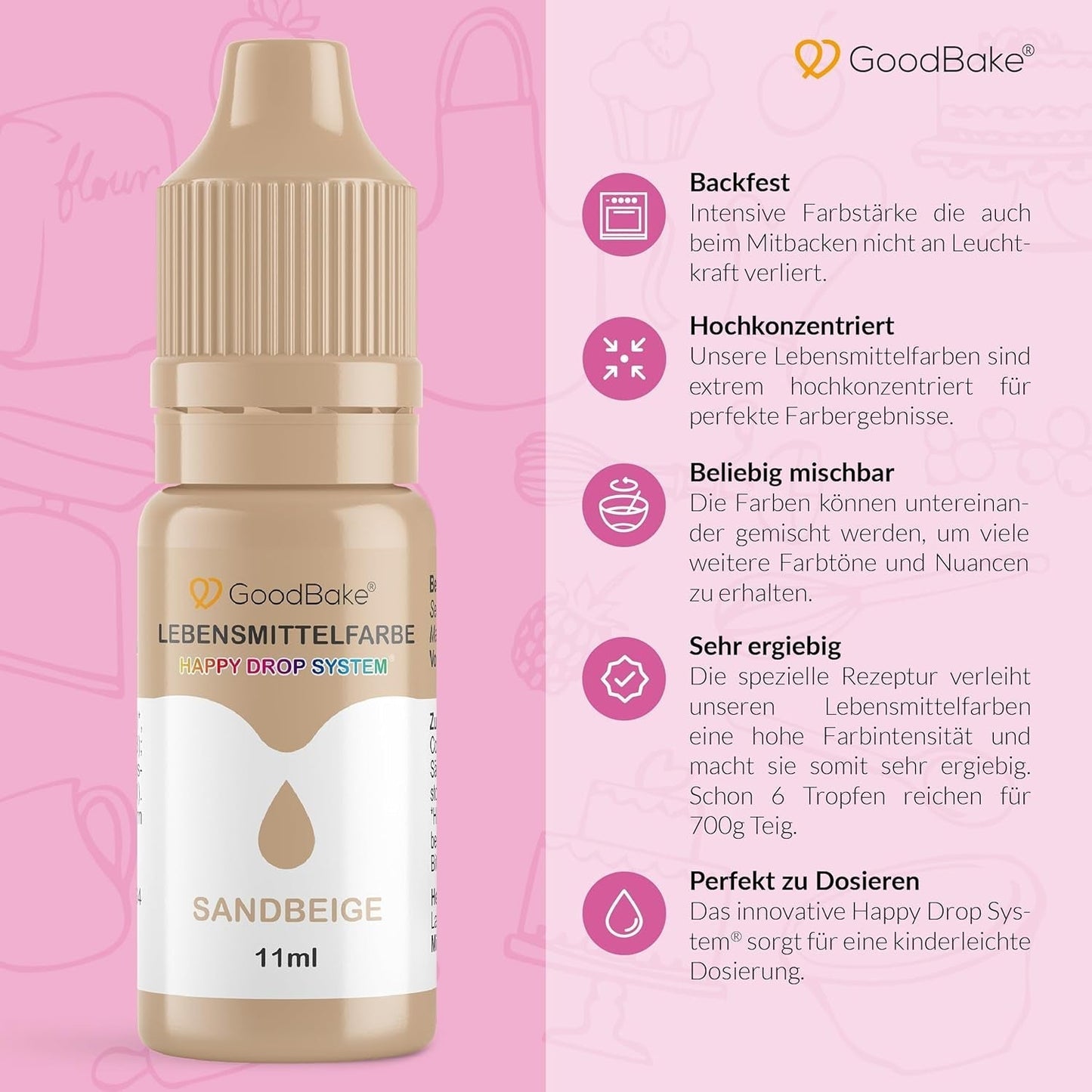 Colorante alimentario Goodbake Pastel Sand Beige (11 ml) - Colorante alimentario en dosis altas - Para colorear pasteles, fondant, crema de mantequilla, macarrones, bebidas, limo y muchos otros artículos. 100% vegano