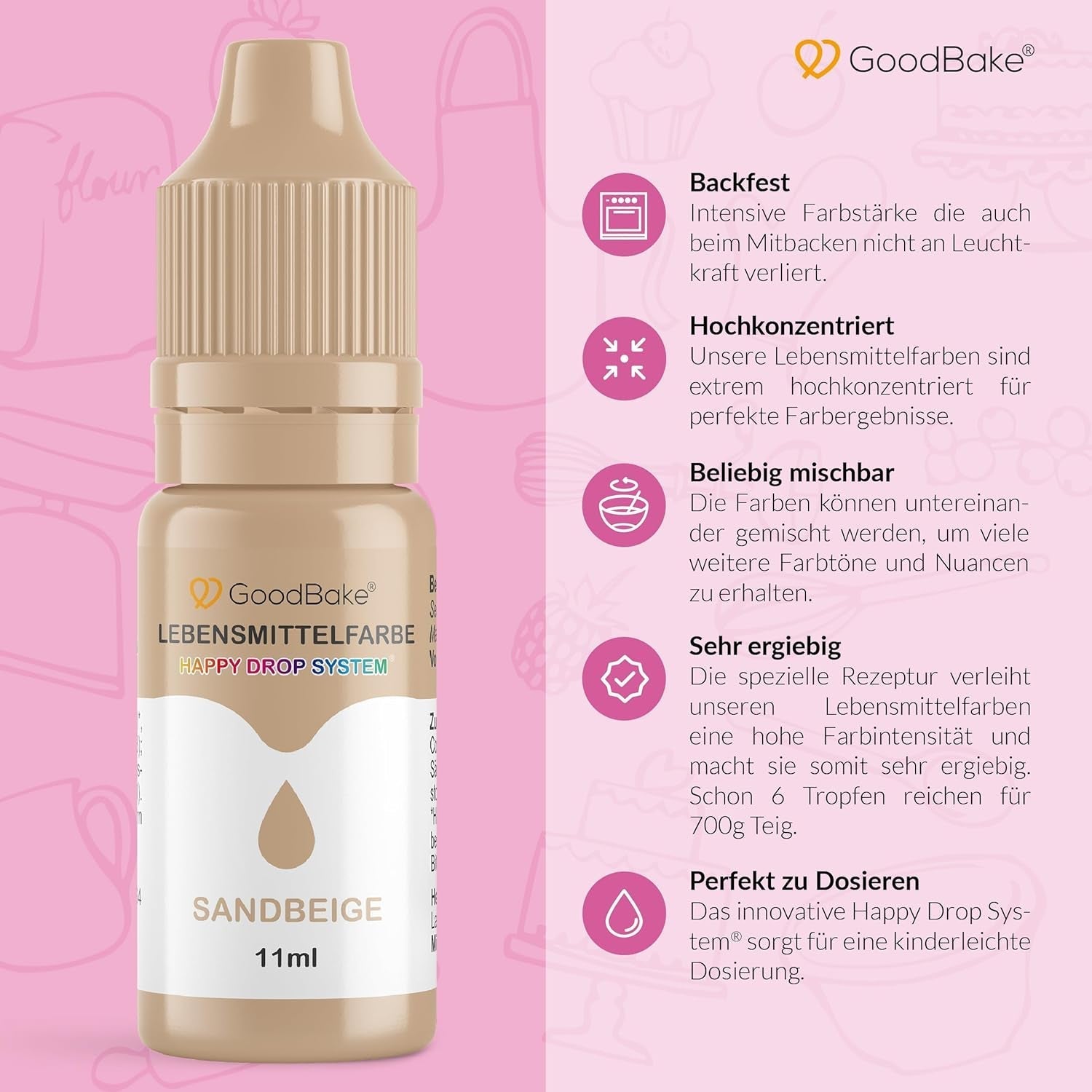 Colorante alimentario Goodbake Pastel Sand Beige (11 ml) - Colorante alimentario en dosis altas - Para colorear pasteles, fondant, crema de mantequilla, macarrones, bebidas, limo y muchos otros artículos. 100% vegano