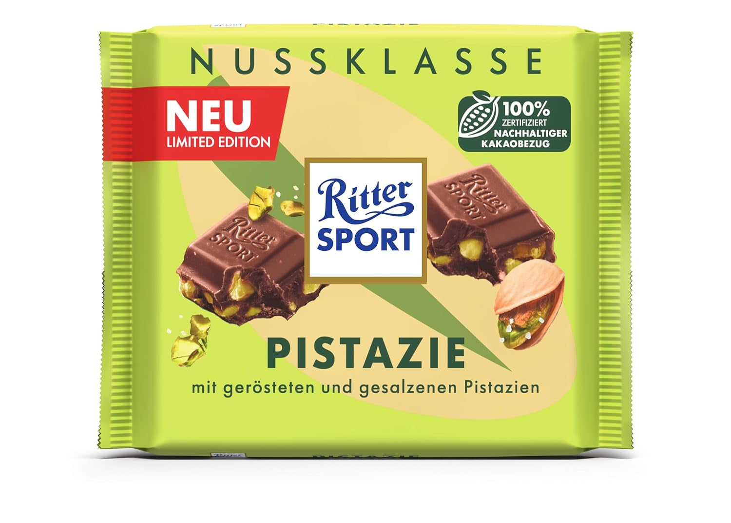Ritter Sport Pistachio, chocolate con leche con finos trozos de pistacho, un clásico del chocolate, perfecto para picar y disfrutar, una idea genial para regalar, 12 barritas x 100g
