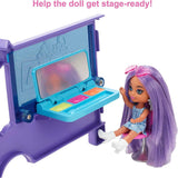 Muñeca Barbie Extra Mini Minis, muñeca Extra Mini Minis con furgoneta de gira con purpurina extra, incluye estación de maquillaje y accesorios para espectáculos, regalo para niños, juguete para edades de 3 años en adelante, HKF84