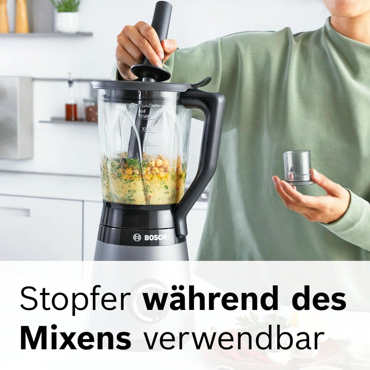 Bosch Batidora de pie Vitapower Serie 4 MMB6172SN, Verbesserte Version, 10 Jahre Motorgarantie, Edelstahl-Klingen, 1.5L Glassbehälter, Spülmaschinenfeste Teile, 30.000 U/Min, 1200 W, Silver Kitchen Naty Shop