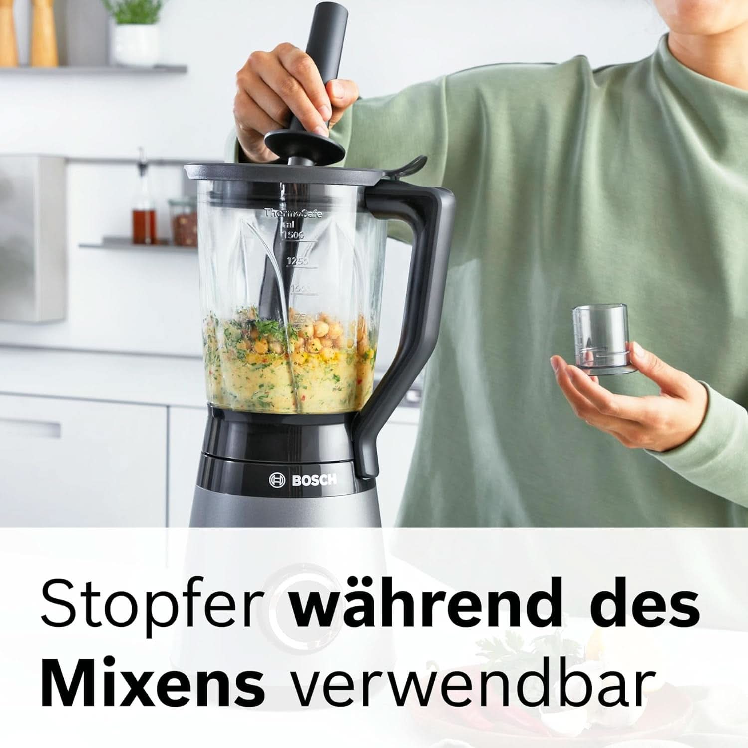 Batidora de mano Bosch Vitapower Serie 4 MMB6177S, Edelstahl-Klingen Made in Germany, Vaso de cristal termoseguro de 1,5 L, Botella para llevar de 0,6 L, Tapón, Kleinerkleinerer universal, 30.000 U/Min, 1200 W, Plata Cocina Naty Shop