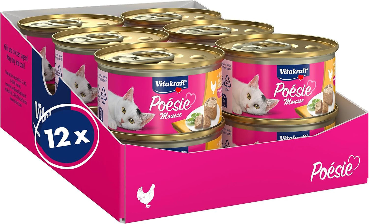 Vitakraft Poésie Mousse, comida húmeda para gatos, espuma aireada, con pollo, sin azúcares ni cereales añadidos (12 x 85g)