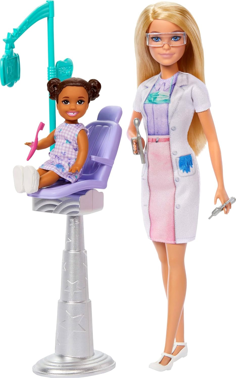 Muñeca Barbie Dentista, Muñeca de Moda con Cabello Rubio, Vestido Azul y Bata de Laboratorio, 1 Muñeca Infantil, Accesorios de Examen y Accesorios Surtidos, JCR74
