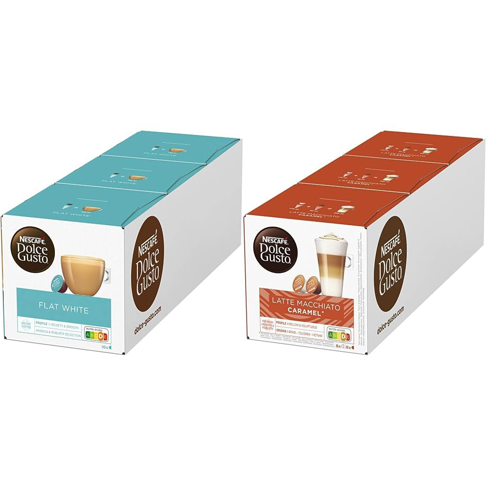 Flat White, 48 cápsulas de café, Arábica y Robusta Bohnen y Latte Macchiato Caramel, 48 cápsulas de café