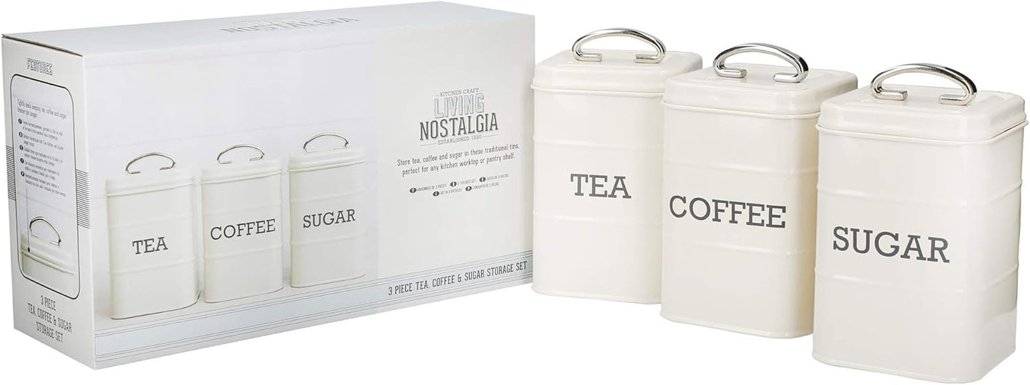 KitchenCraft Living Nostalgia Juego de 3 tarros de almacenamiento para té, azúcar y café en caja de regalo, acero, crema envejecida, 11 cm x 11 cm x 17 cm, cajas de almacenamiento de alimentos azul vintage Naty Shop