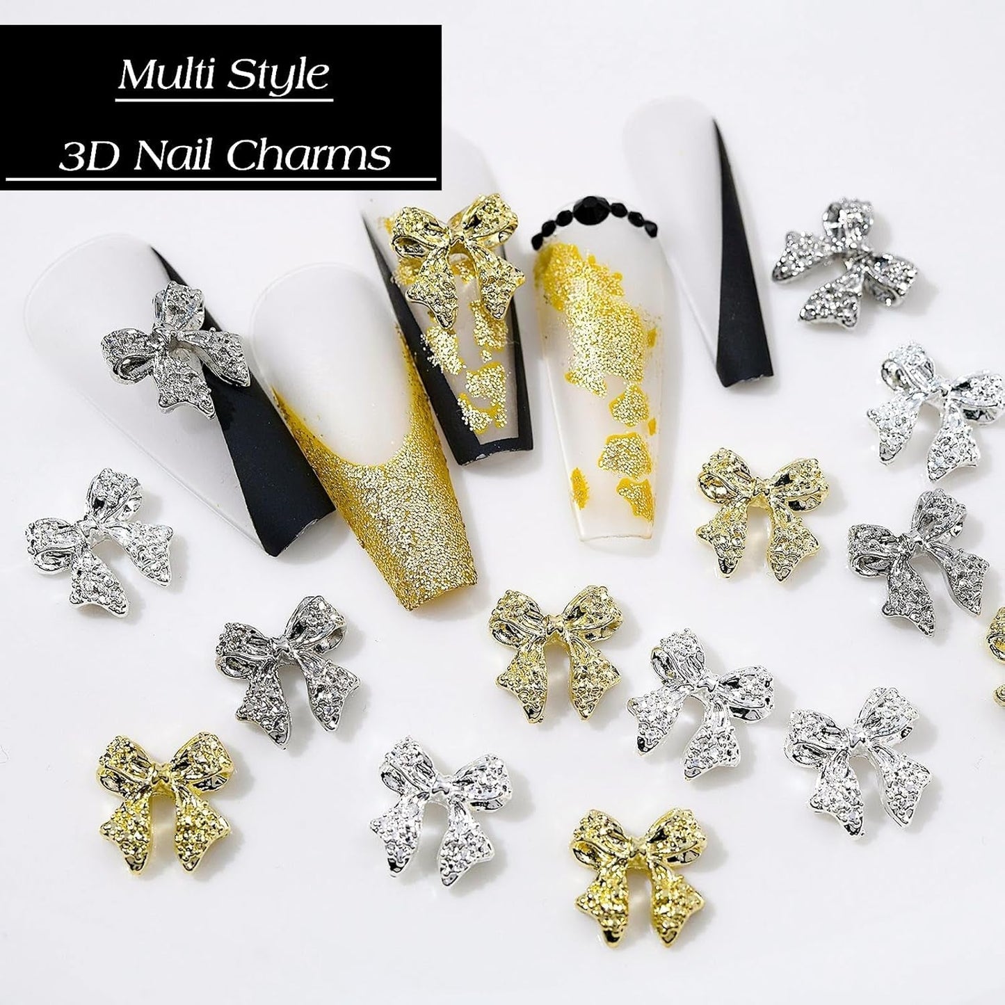 30 lazos de metal para uñas, lazos dorados, plateados y grises, accesorios para uñas, decoraciones de uñas para mujeres y niñas, diseño de uñas