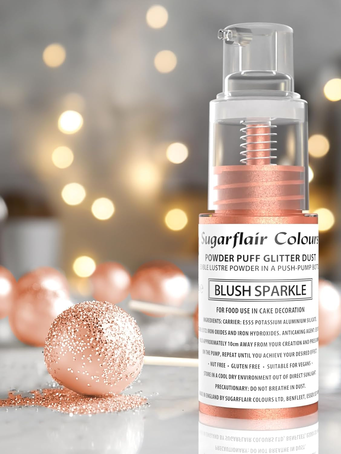 Sugarflair Pump Powder Spray, Glitter, Blush, Glitter - colorante alimentario para pasteles, spray sin aerosol para pasteles, muffins y más - 10 g