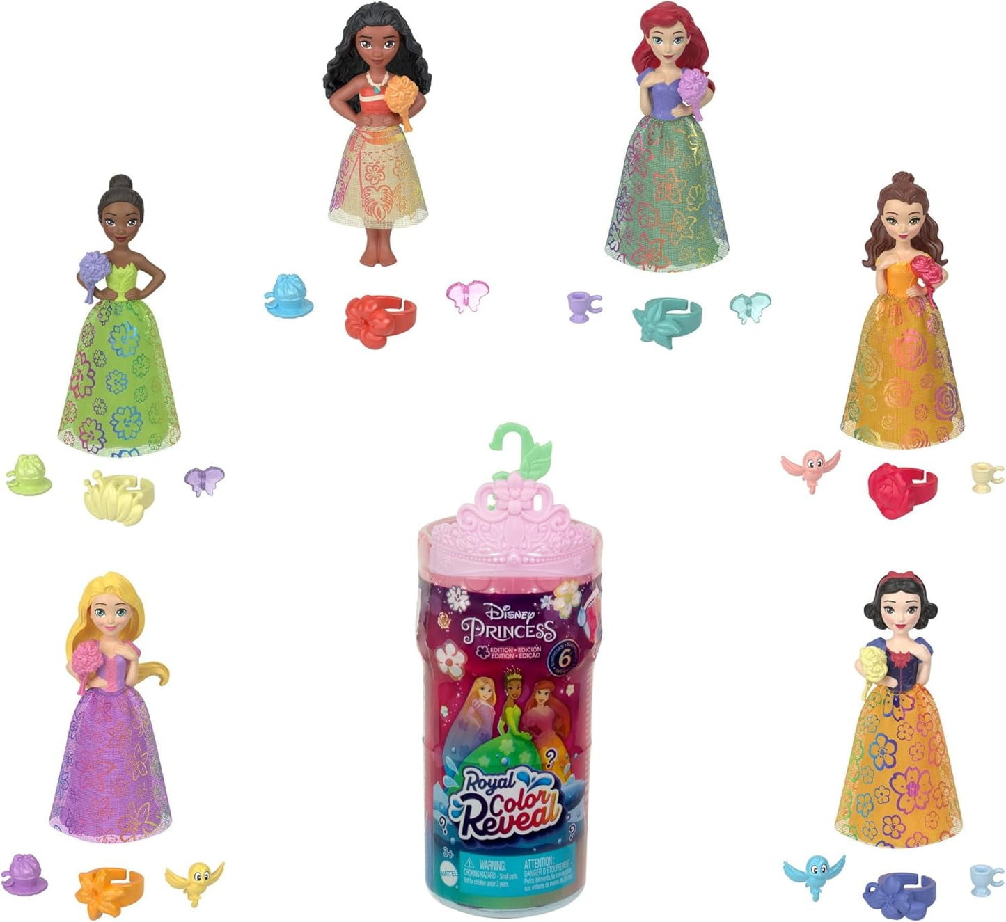 Mattel Disney Princess Royal Color Reveal Muñeca pequeña con 6 sorpresas, incluido anillo perfumado y 4 accesorios (las muñecas pueden variar), serie Garden Party HRN63