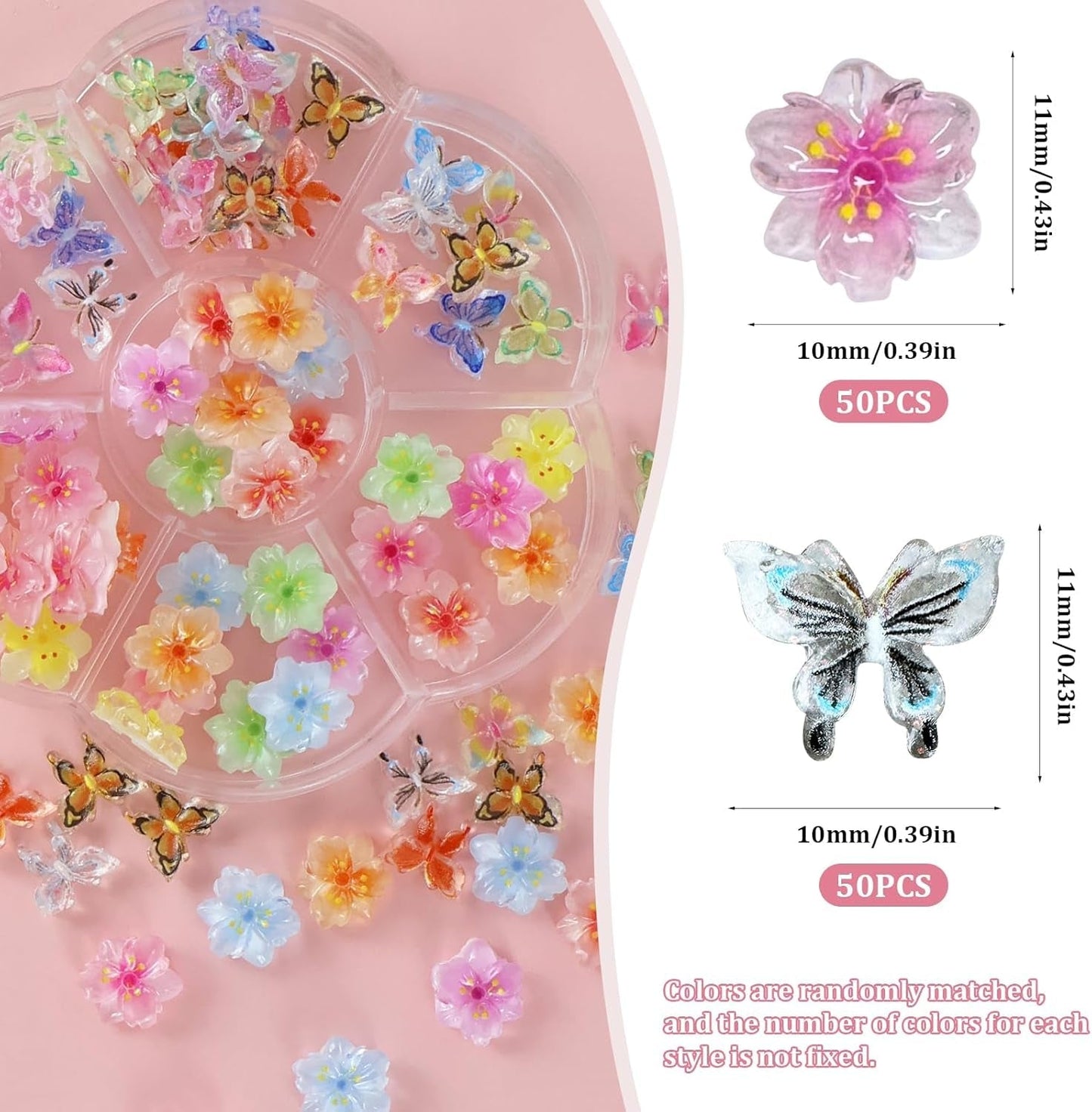 YICH Nail Charms Nägel Charms 50 Piezas Flores 3D + 50 Piezas Schmetterling 3D, Summer Nägel Deko Set Schmetterling/Flores Nail Art Nailart