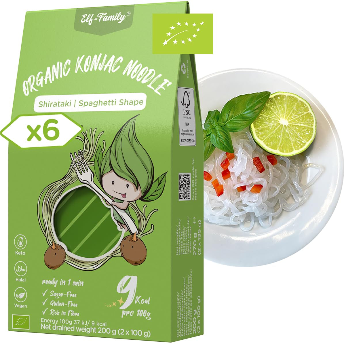 Elf-Family Caja de 270 g x 6 unidades (paquete de 12) Bio Konjak Nudeln Ultra Low Carb Shirataki Nudeln Vegan Glutenfrei-Instant Nudeln ohne kohlenhidrato/Keto/Kalorienarme/Fettfrei/Zuckerfrei -Spaghetti MHD: 11/12/2026