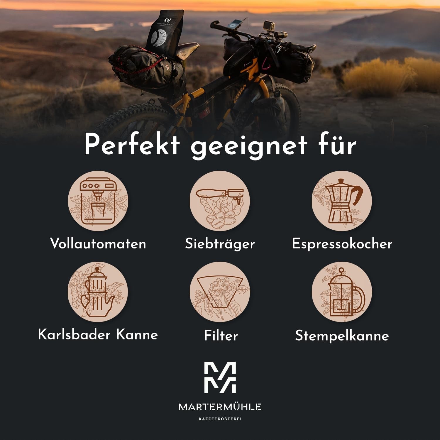 Granos de café expreso Martermühle Bike 500g Fuerte | Arábica/Robusta | Sabores: Nueces de macadamia, chocolate con leche | Granos de espresso enteros ligeramente tostados, baja acidez